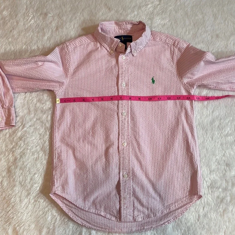Ralph Lauren Boys Pink White Seersucker Striped Button Down Shirt Size 6 Preppy
